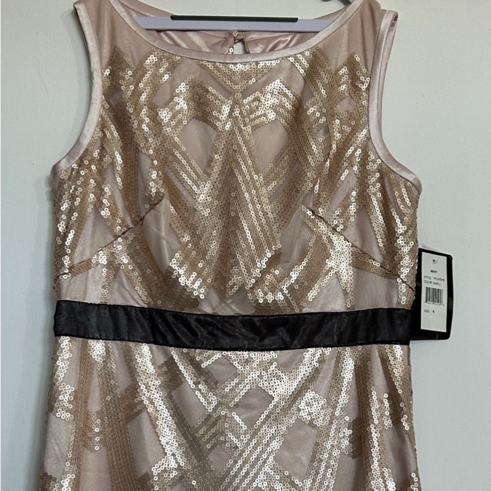 Jax Sequin Midi Champagne Dress with Black Accent, Size 4 NWT